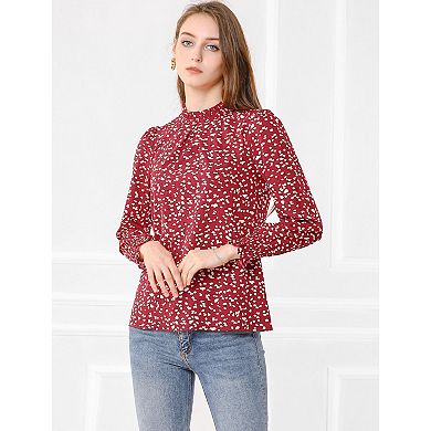 Women's Printed Ruffled Mock Neck Long Sleeve Casual Blouse Top