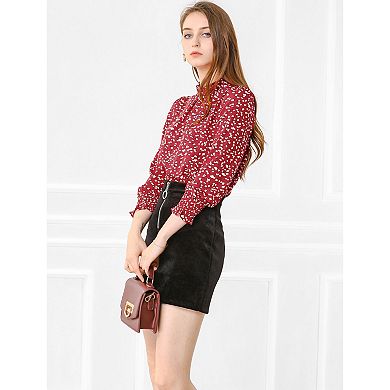 Women's Printed Ruffled Mock Neck Long Sleeve Casual Blouse Top