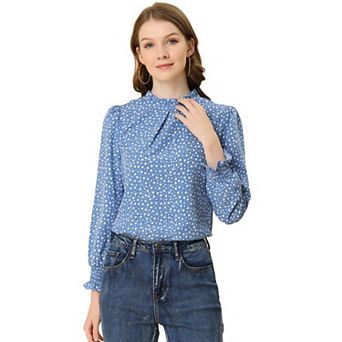 Women's Printed Ruffled Mock Neck Long Sleeve Casual Blouse Top
