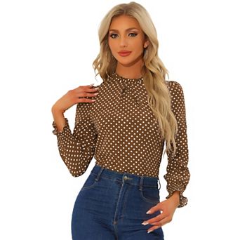 Women's Printed Ruffled Mock Neck Long Sleeve Casual Blouse Top