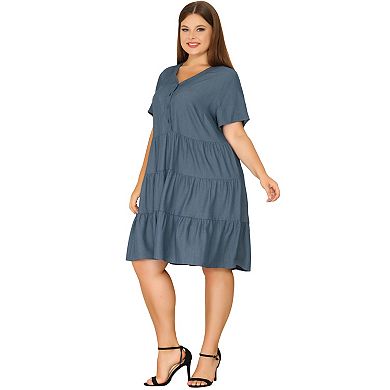 Women's Plus Size Denim Tiered Babydoll Short Sleeve Chambray Midi Dress