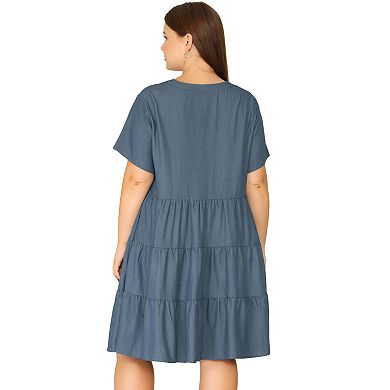 Women's Plus Size Denim Tiered Babydoll Short Sleeve Chambray Midi Dress