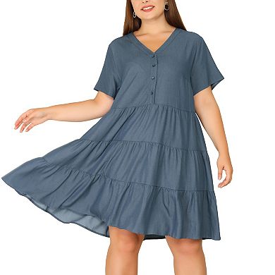 Women's Plus Size Denim Tiered Babydoll Short Sleeve Chambray Midi Dress