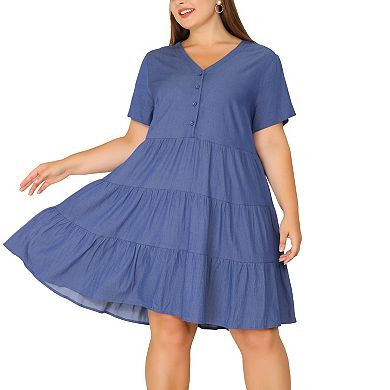 Women's Plus Size Denim Tiered Babydoll Short Sleeve Chambray Midi Dress