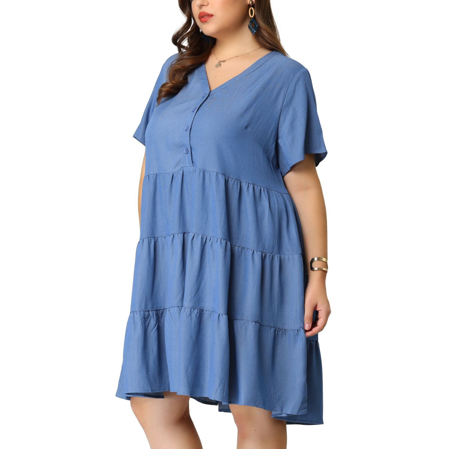 Agnes Orinda Women's Plus Size Tiered V Neck Short Sleeve Summer Casual Buttons Dresses Pink 1x Women's Plus Size Denim Tiered Babydoll Short Sleeve Chambray Midi Dress