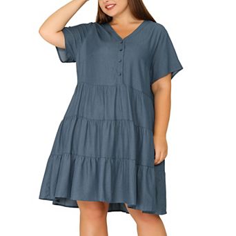Women's Plus Size Denim Tiered Babydoll Short Sleeve Chambray Midi Dress