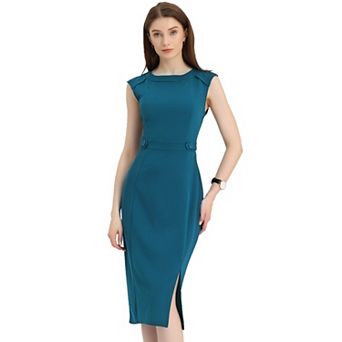 Sheath Dress for Women's Sleeveless Round Neck Slim Fit Split Work Bodycon Pencil Dresses