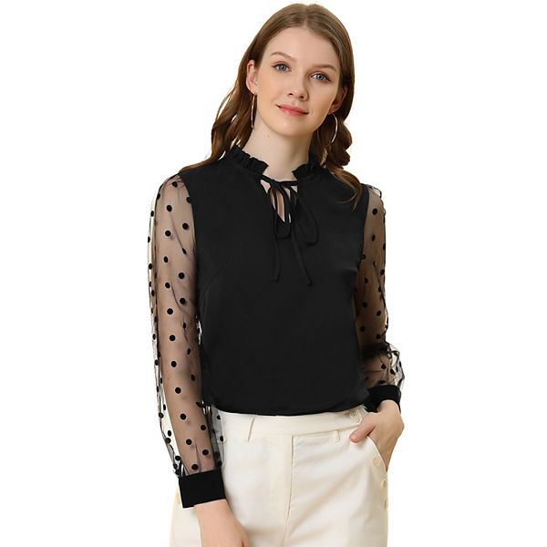 Semi-Sheer V-Neck Ruffle Long Sleeve Blouse main image 1