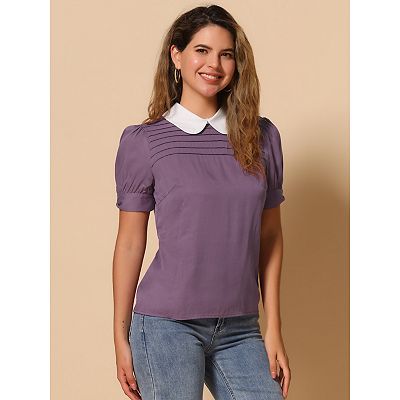 Women's Vintage Peter Pan Collar Blouse - Short Sleeve Button Down Office Shirt With Contrast Collar