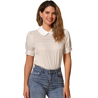 Women's Vintage Peter Pan Collar Contrast Short Sleeve Blouse Top