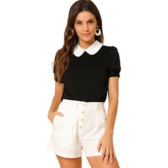 Women's Vintage Peter Pan Collar Contrast Short Sleeve Blouse Top