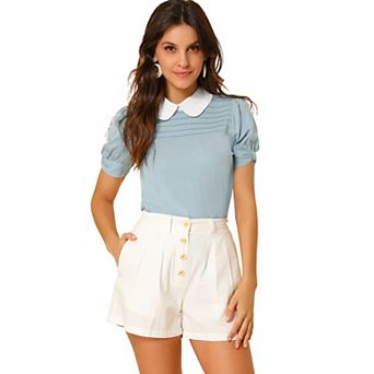 Women's Vintage Peter Pan Collar Contrast Short Sleeve Blouse Top