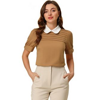 Women's Vintage Peter Pan Collar Contrast Short Sleeve Blouse Top
