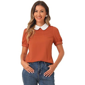 Women's Vintage Peter Pan Collar Contrast Short Sleeve Blouse Top
