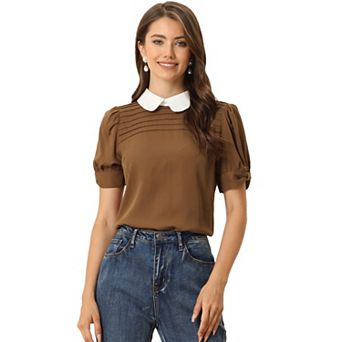 Women's Vintage Peter Pan Collar Contrast Short Sleeve Blouse Top