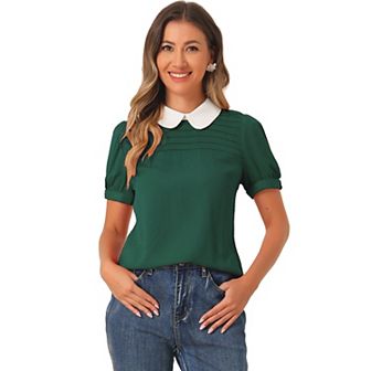 Women's Vintage Peter Pan Collar Contrast Short Sleeve Blouse Top