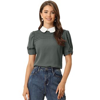 Women's Vintage Peter Pan Collar Contrast Short Sleeve Blouse Top