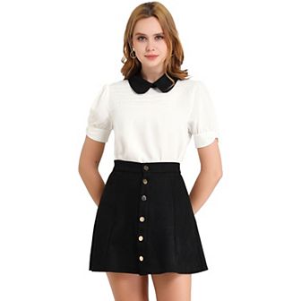 Women's Vintage Peter Pan Collar Contrast Short Sleeve Blouse Top