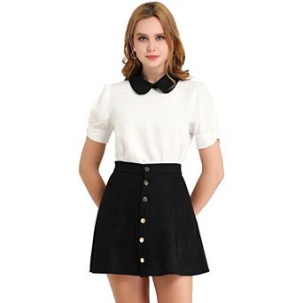 Women's Vintage Peter Pan Collar Contrast Short Sleeve Blouse Top