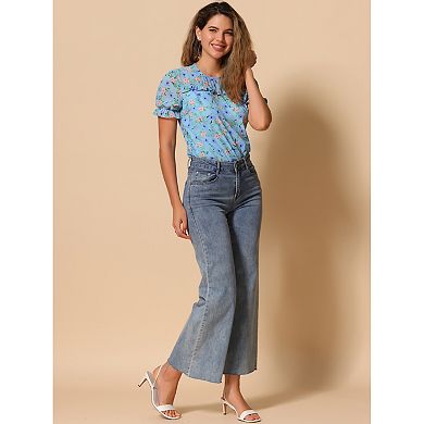 Women's Chiffon Short Sleeve Ruffled Trim Floral Blouse Top