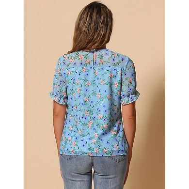 Women's Chiffon Short Sleeve Ruffled Trim Floral Blouse Top
