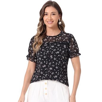Women's Chiffon Short Sleeve Ruffled Trim Floral Blouse Top
