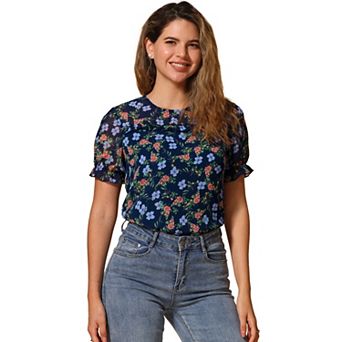 Women's Chiffon Short Sleeve Ruffled Trim Floral Blouse Top