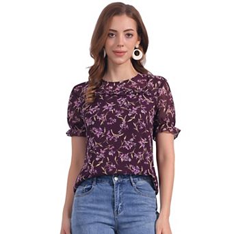 Women's Chiffon Short Sleeve Ruffled Trim Floral Blouse Top