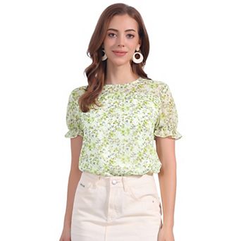 Women's Chiffon Short Sleeve Ruffled Trim Floral Blouse Top