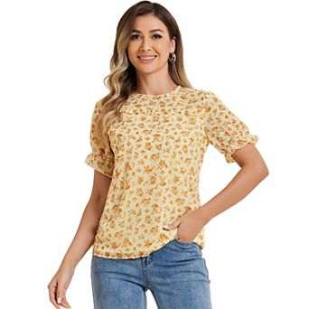 Women's Chiffon Short Sleeve Ruffled Trim Floral Blouse Top