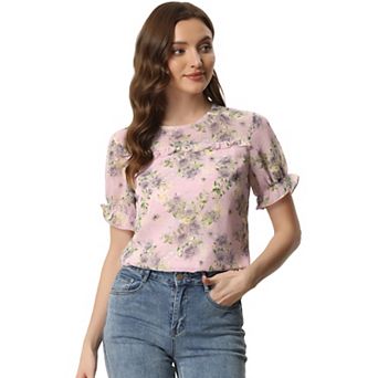Women's Chiffon Short Sleeve Ruffled Trim Floral Blouse Top