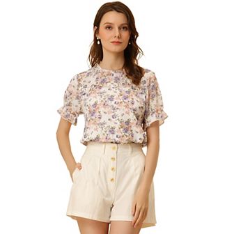 Women's Chiffon Short Sleeve Ruffled Trim Floral Blouse Top