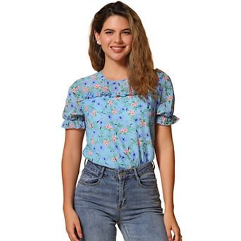 Women's Chiffon Short Sleeve Ruffled Trim Floral Blouse Top
