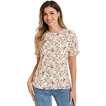 Women's Chiffon Short Sleeve Ruffled Trim Floral Blouse Top