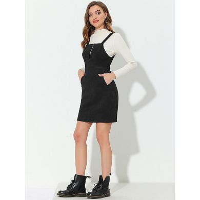 Women's Faux Suede Zipper Front Elegant Pinafore Overall Mini Dress