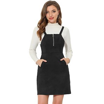 Women's Faux Suede Zipper Front Elegant Pinafore Overall Mini Dress