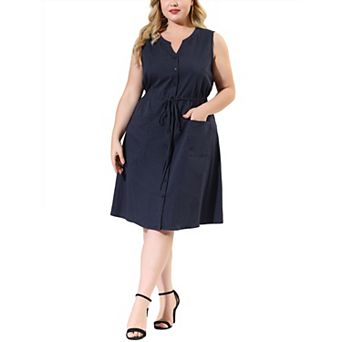 Women's Plus Size V Neck Sleeveless Drawstring with Pocket Midi Shirtdress
