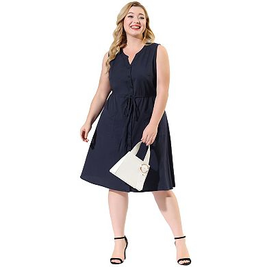 Women's Plus Size V Neck Sleeveless Drawstring with Pocket Midi Shirtdress