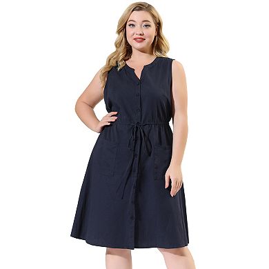 Women's Plus Size V Neck Sleeveless Drawstring with Pocket Midi Shirtdress