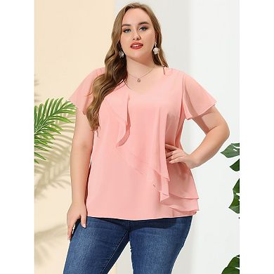 Women's Plus Size Top Flutter Sleeve V Neck Layered Ruffle Blouses