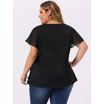 Star Vixen Women's Ruffle Tulip Sleeve Top - Soft Knit Casual Blouse, Navy