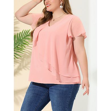 Women's Plus Size Top Flutter Sleeve V Neck Layered Ruffle Blouses