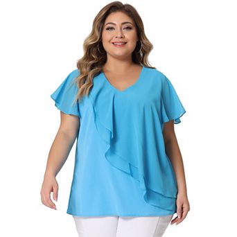 Women's Plus Size Top Flutter Sleeve V Neck Layered Ruffle Blouses