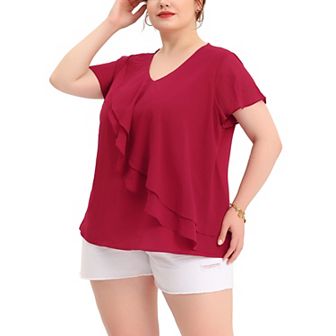 Women's Plus Size Top Flutter Sleeve V Neck Layered Ruffle Blouses