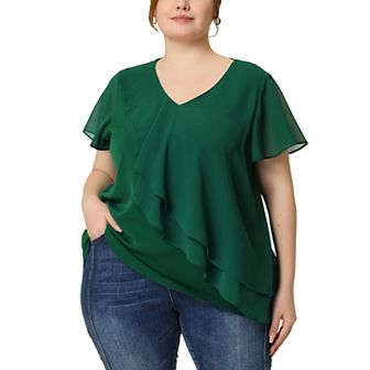 Women's Plus Size Top Flutter Sleeve V Neck Layered Ruffle Blouses