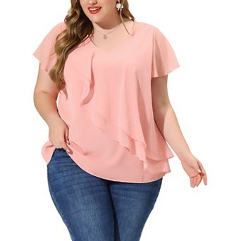 Women's Plus Size Top Flutter Sleeve V Neck Layered Ruffle Blouses