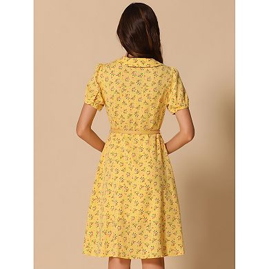 Women's Peter Pan Collar Tie Neck Elegant Floral Dress with Belt