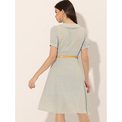 Women's Peter Pan Collar Tie Neck Elegant Floral Dress with Belt