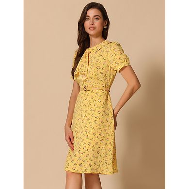 Women's Peter Pan Collar Tie Neck Elegant Floral Dress with Belt