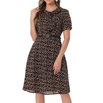 Women's Peter Pan Collar Tie Neck Elegant Floral Dress with Belt